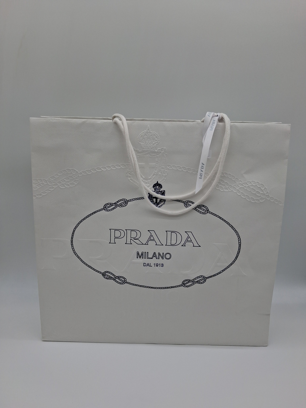 PRADA MILANO White Embossed Rope Motif Luxury Shopping Gift Bag Ribbon EUC